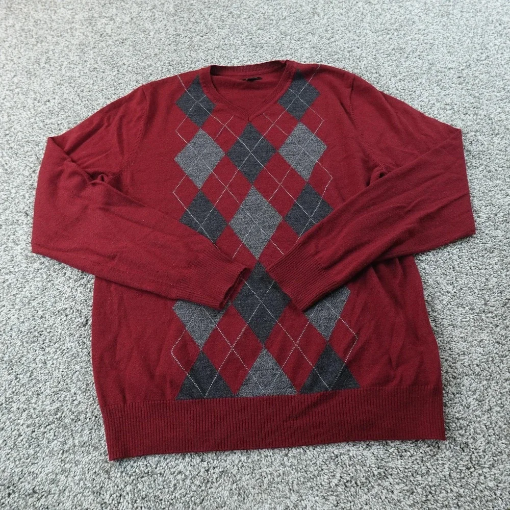 Apt 9 Sweater Mens M Red Merino Wool Blend Argyle V Neck Pullover Knit Grandpa